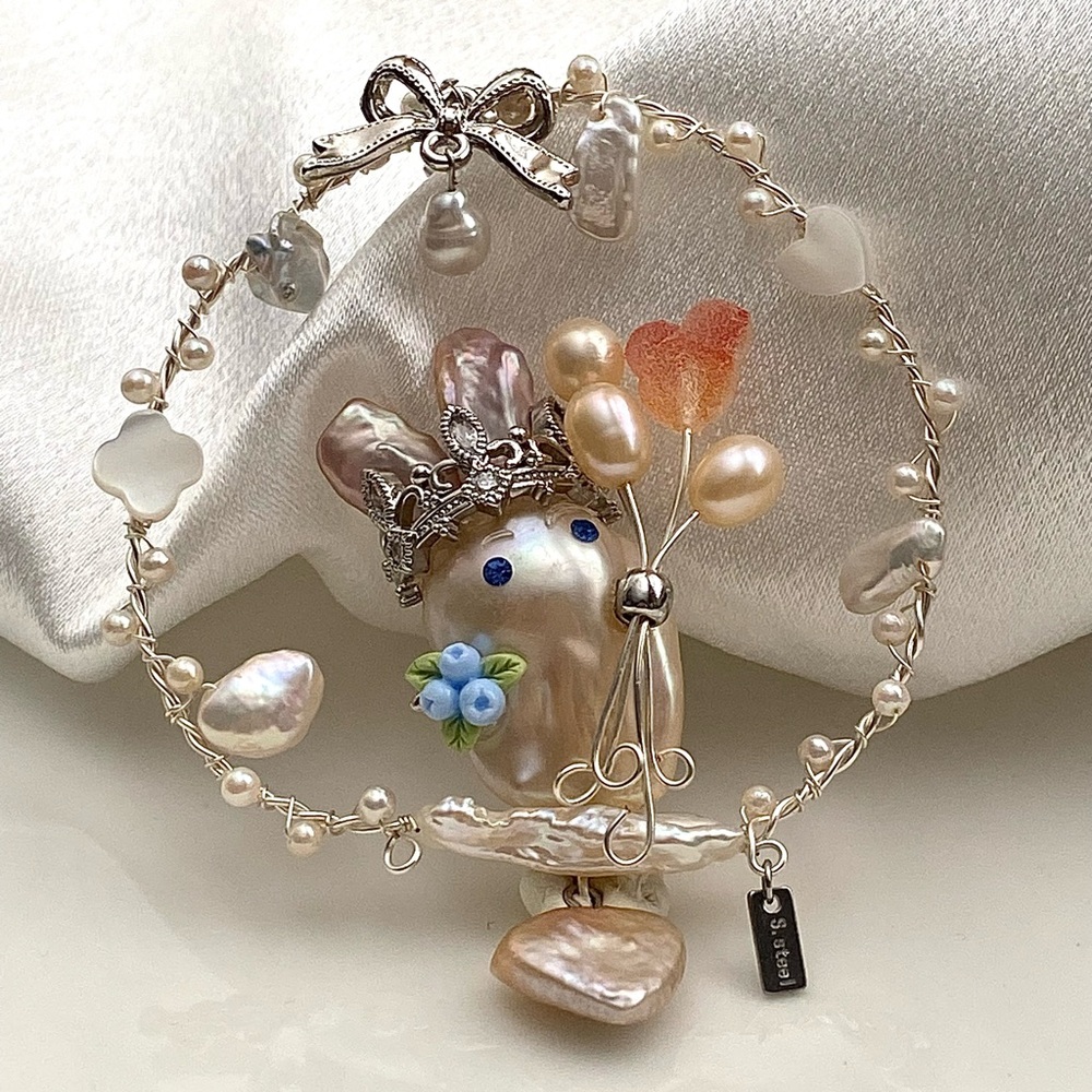 P230-Handmade Premium Flameball Pearl Bunny Detachable Pendant - Picture 4 of 15